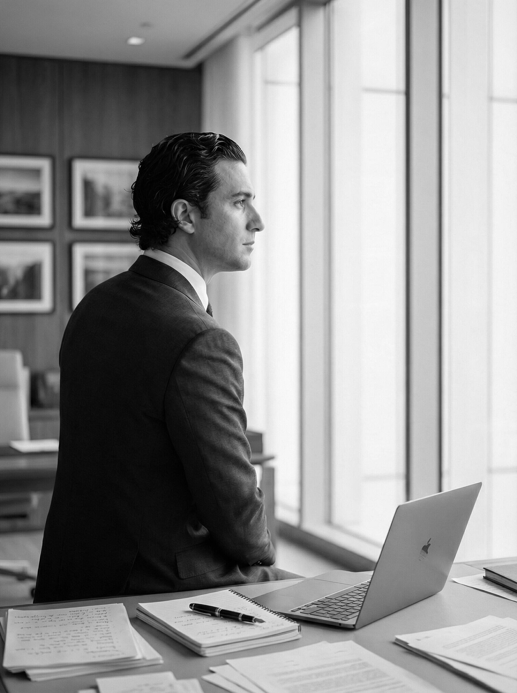 Ein emotional belasteter Mann der aus dem Fenster schaut